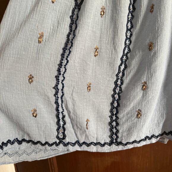 CALYPSO ST. BARTH | Blue Gauze Beaded Boho Peasant Top Short Sleeve  Medium - Picture 7 of 9